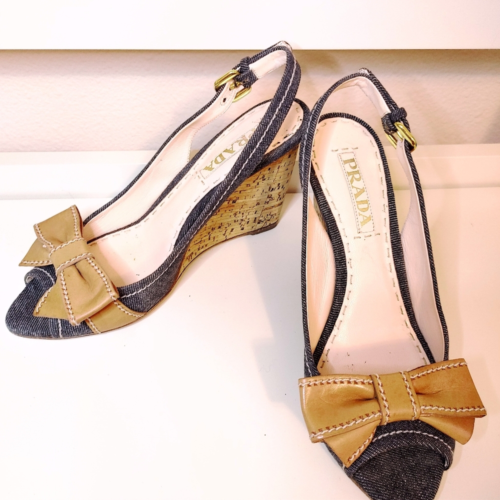 Prada Denim Peep Toe Slingback Cork Wedges